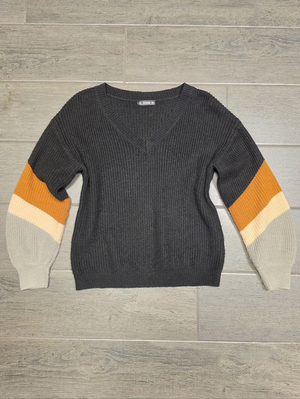 SHEIN Black, Brown, Cream, & Grey Striped Sleeves Colorblock Knit V-Neck Sweater